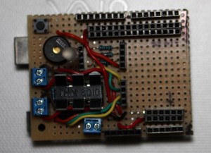 The finished RoboShield prototype daughter-board for the Arduino microcontroller